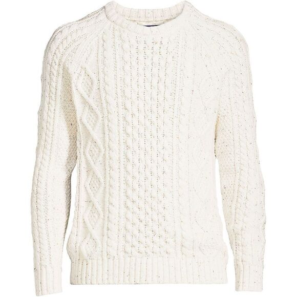 Land's End Cotton Blend Aran Cable Crew Neck Sweater Ivory Tweed Heavy XL Tall - Picture 3 of 14